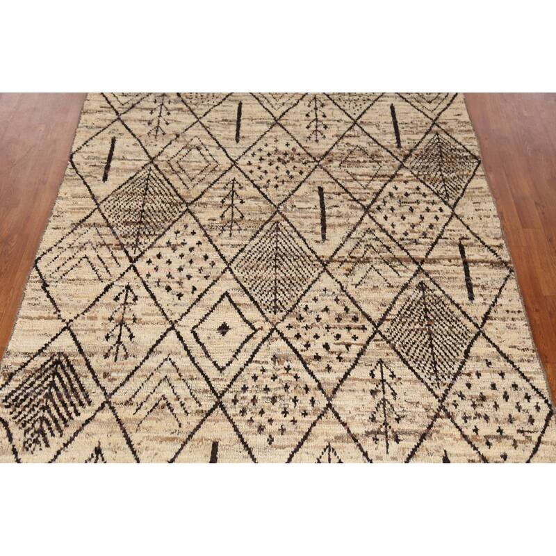 Geometric / Modern Moroccan Oriental Rug Handmade Beige Wool Carpet - 6'1" x 7'7"