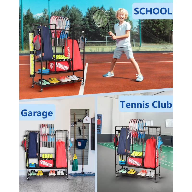 Tennis Gear Storage Rack Sports Equipment Organizer with Wheels