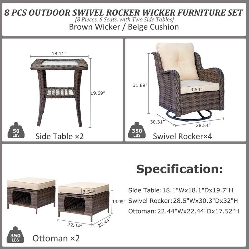 8 Piece Wicker Patio Swivel Outdoor Rocking Chair Set with Ottoman