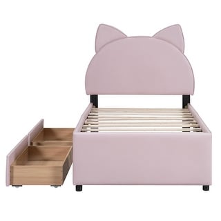 Twin Upholstered Platform Bed with 2 Drawers, Cute Wood Bed Frame Cartoon Ears Shaped Headboard, No Box Spring Required Pink