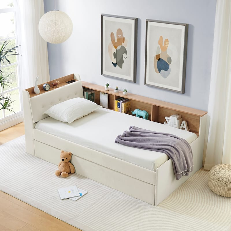 Roomfitters Twin Velvet Height Adjustable Day Bed with Storage Headboard, Wireless Charging and Trundle - Beige - Twin