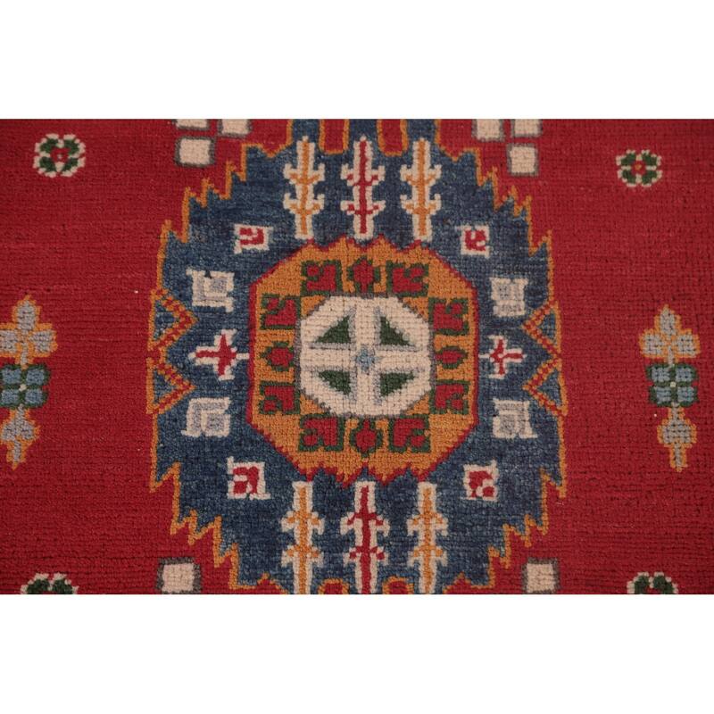 Geometric Red Kazak Area Rug Handmade Oriental Wool Carpet - 6'6" x 9'10"