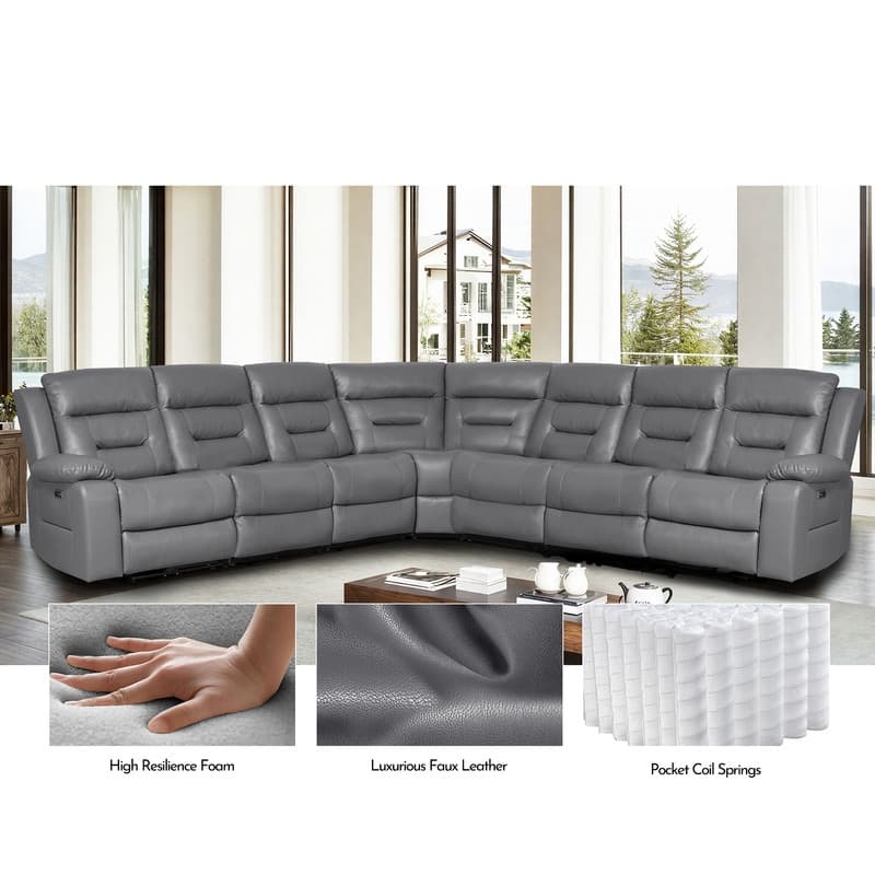 119'' Faux Leather Power Recliner 7-Seat Large Sectional Reclining Sofa with USB Port