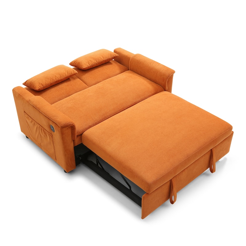 55" Velvet 2-Seater Sleeper Sofa with USB Ports & Storage Pockets