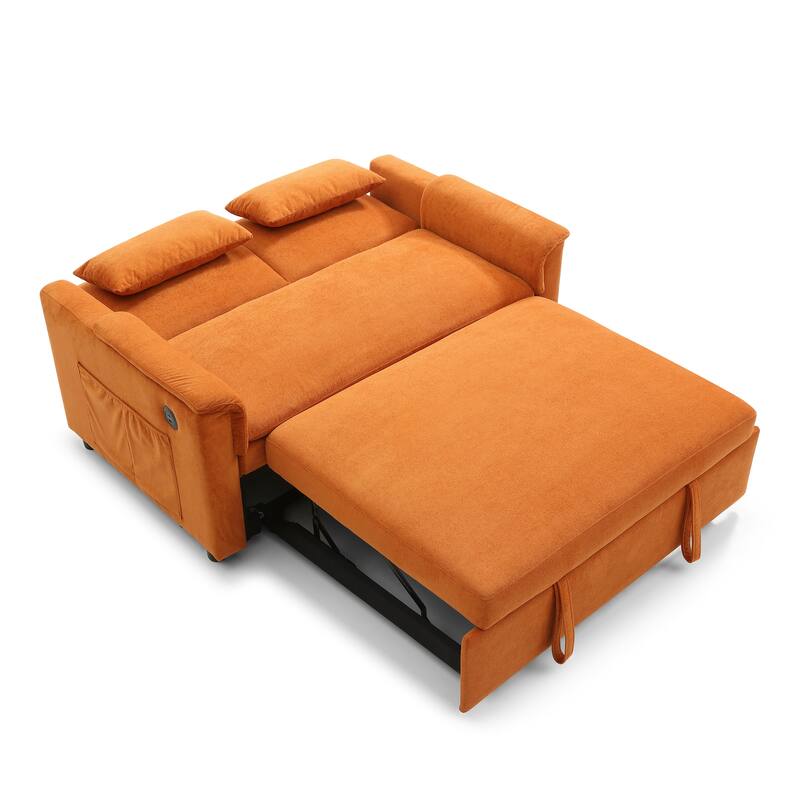 Orange Pull-Out Sofa Bed with USB Ports & Pockets, Reclining Loveseat Sleeper Sofa Couch with Adjustable Backrest