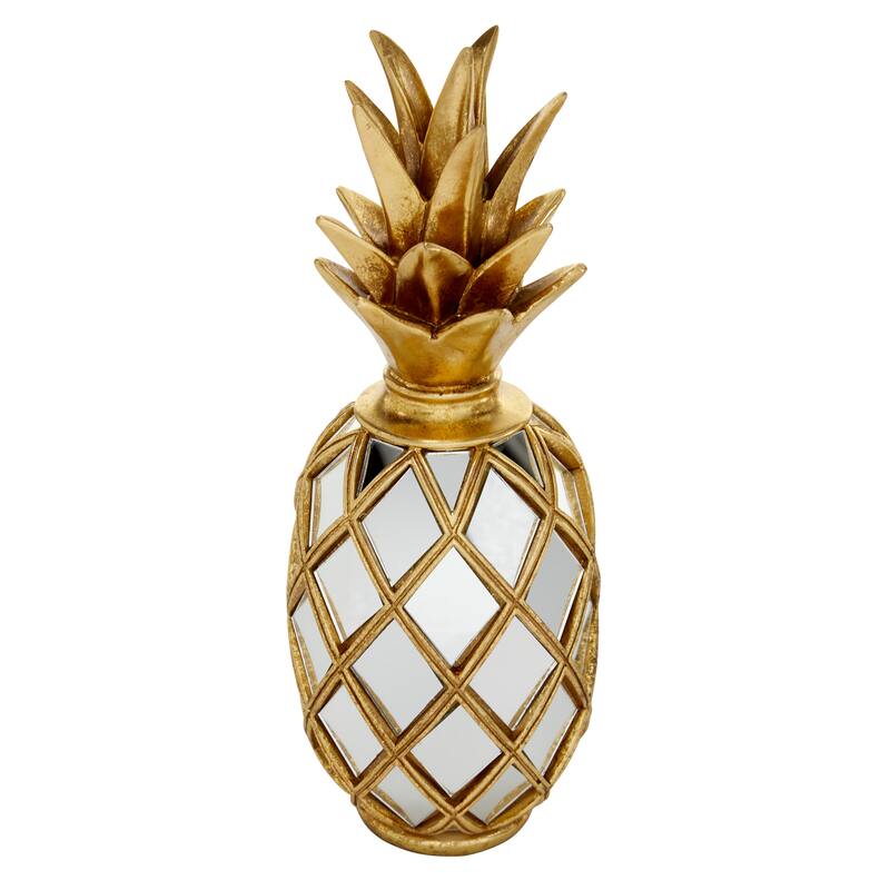Gold Polystone Pineapple Fruit Decorative Sculpture with Mirror Accents