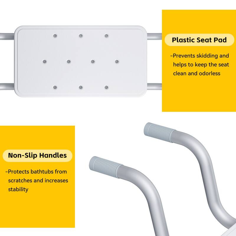 Bath Bench with Sturdy Aluminium Tube, Anti-Slip Handles and Seat Pad, Adjustable Width for Bathtub between 30.7-34.6 inch