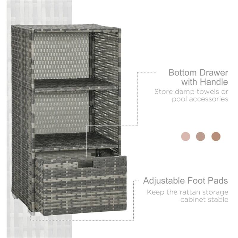 Gray PE Rattan and Steel Pool Storage Rack Towel Valet for Outdoor Patio Bathroom and Spa Organization - 23.5" x 23.5" x 47.25"