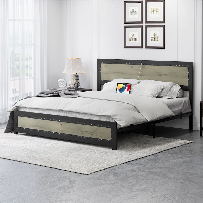 Bed Frame with Headboard - Washed Gray - Full