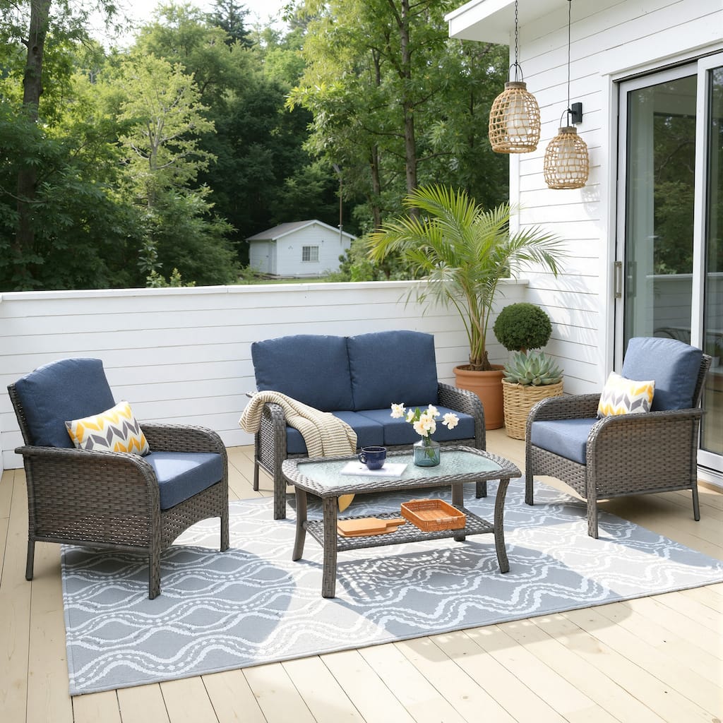 HOOOWOOO 4-piece Wicker Outdoor Conversation Set with Glass Coffee Table