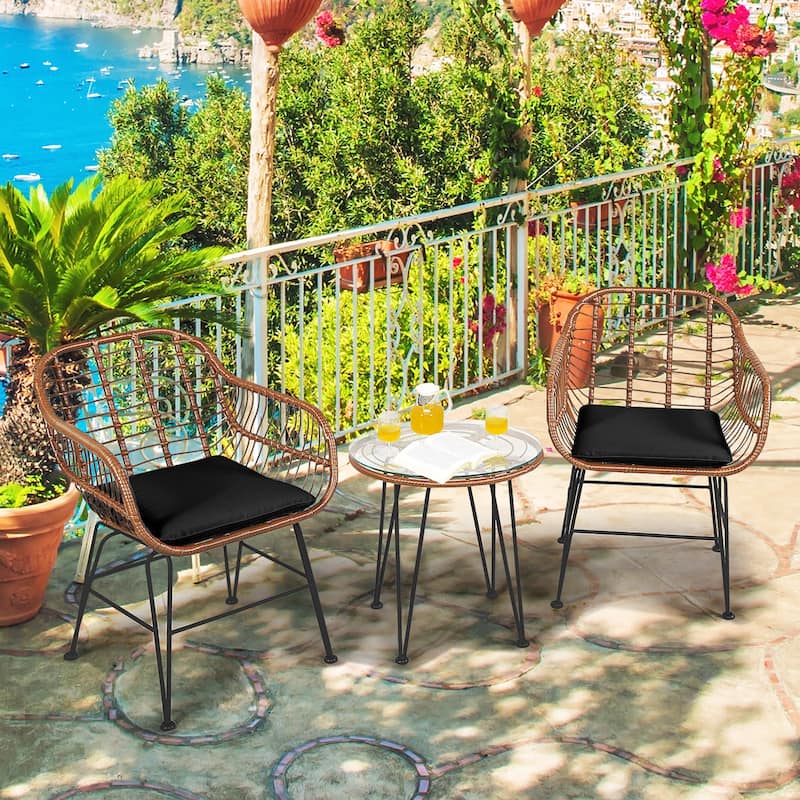3 PCS Patio Bistro Set PE Rattan Armchairs and Coffee Table Set