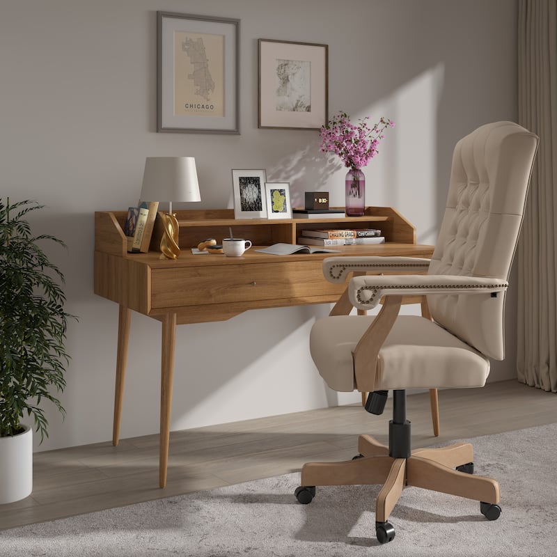 Upholstered Brown Swiveling Executive Office Armchair - Ivory Microfiber/Driftwood