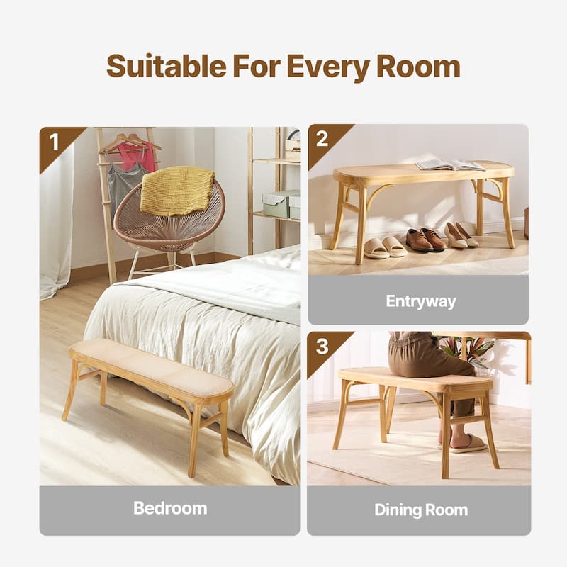 Rattan Wooden Bench for Entryway Living Room or Bedroom Seating - 43.3 x 14.5 x 18.4in