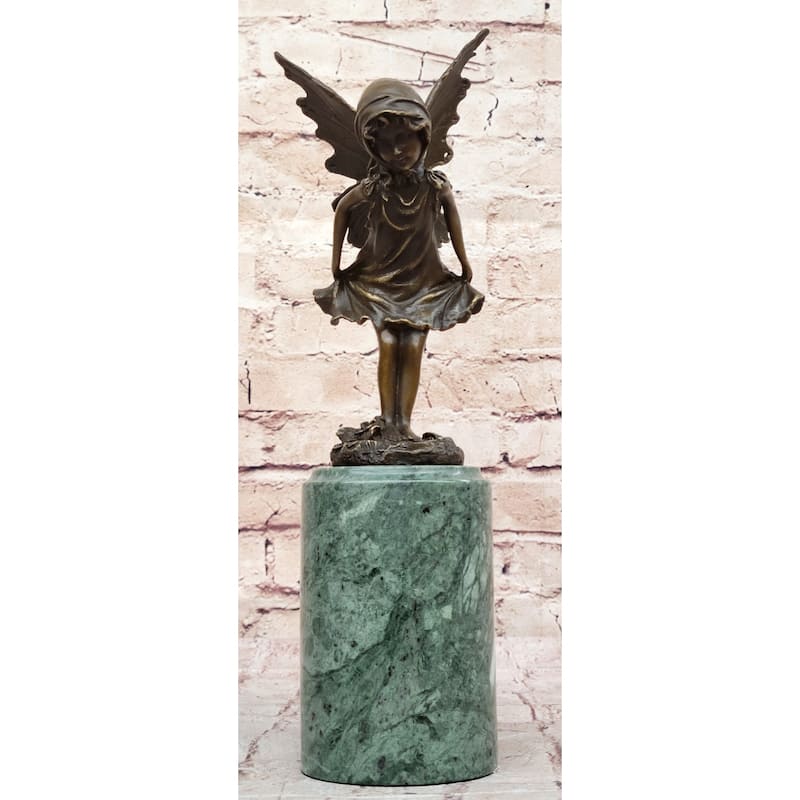 Young Fairy Angel Girl Child Bronze Sculpture Figure On Green Marble Base