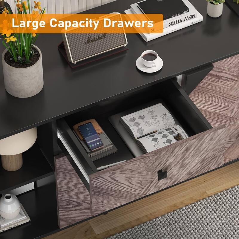 55.1" 3 Drawer Cabinet with Adjustable Shelves and Doors with Storage, Black + Walnut Grain