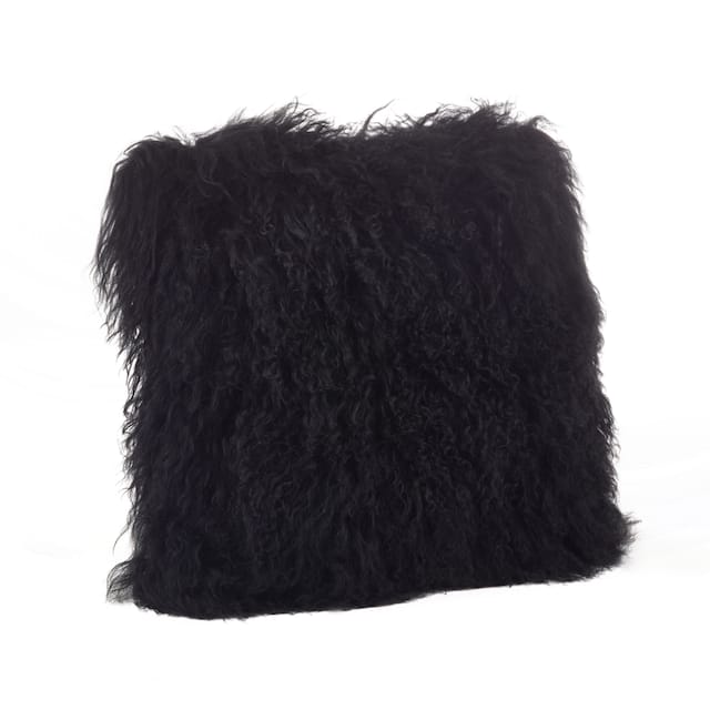 Wool Mongolian Lamb Fur Decorative Throw Pillow - 16 X 16 - Black