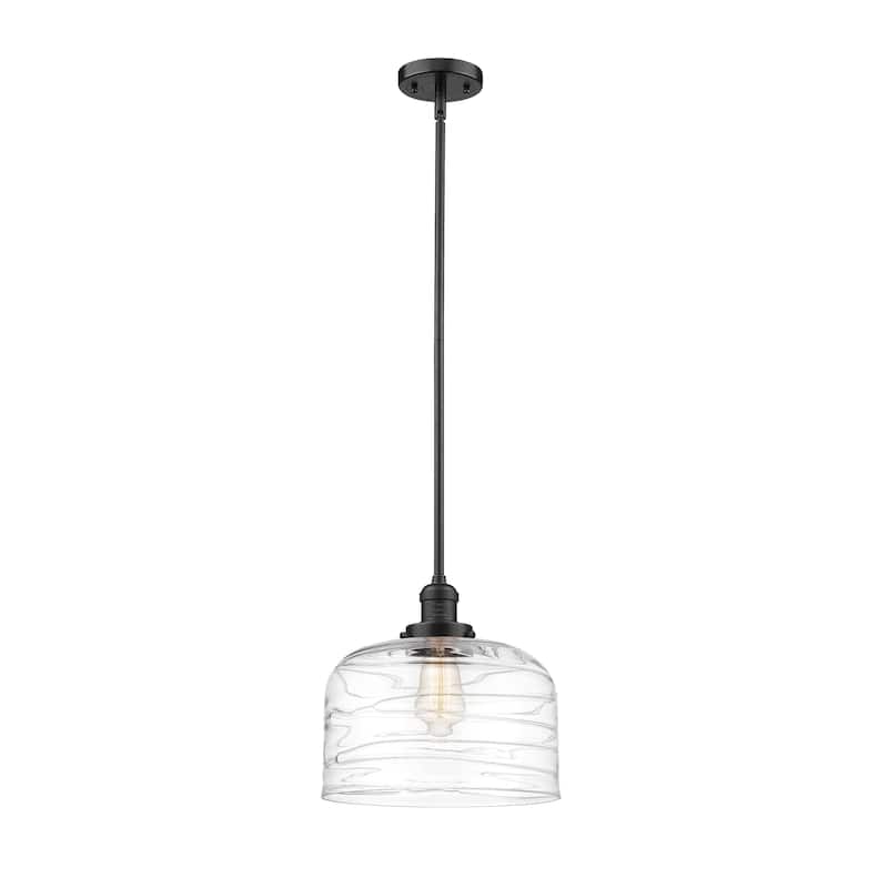 Innovations Lighting Franklin Restoration Bell - 1 Light 12" Stem Hung Mini Pendant - Oil Rubbed Bronze/Clear Deco Swirl