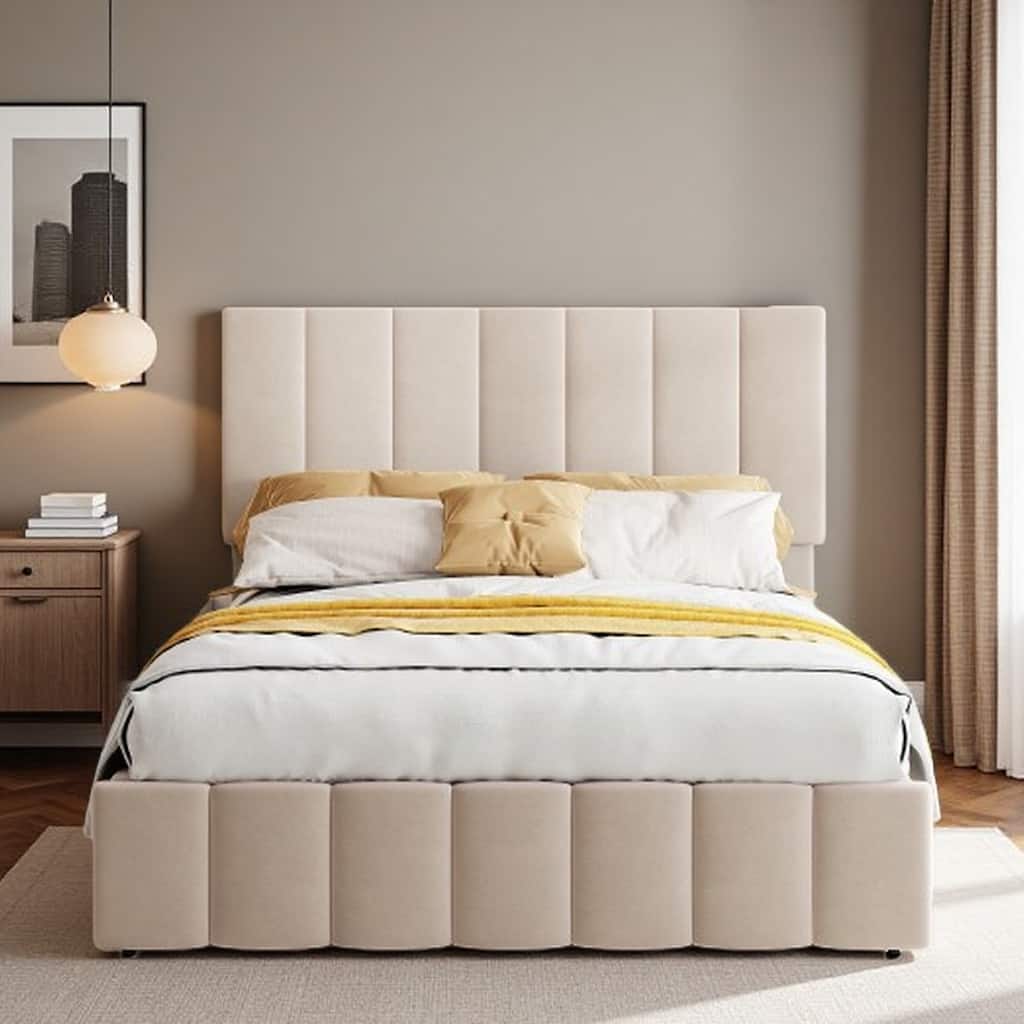 Queen Size Upholstered Platform Bed Frame with Hydraulic Lift Storage, Linen Fabric Headboard & Solid Wood Slat Support