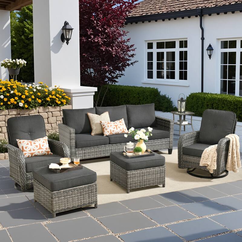 HOOOWOOO 6-piece Grey Wicker Outdoor Swivel Rocking Chair Set for Patio - Black