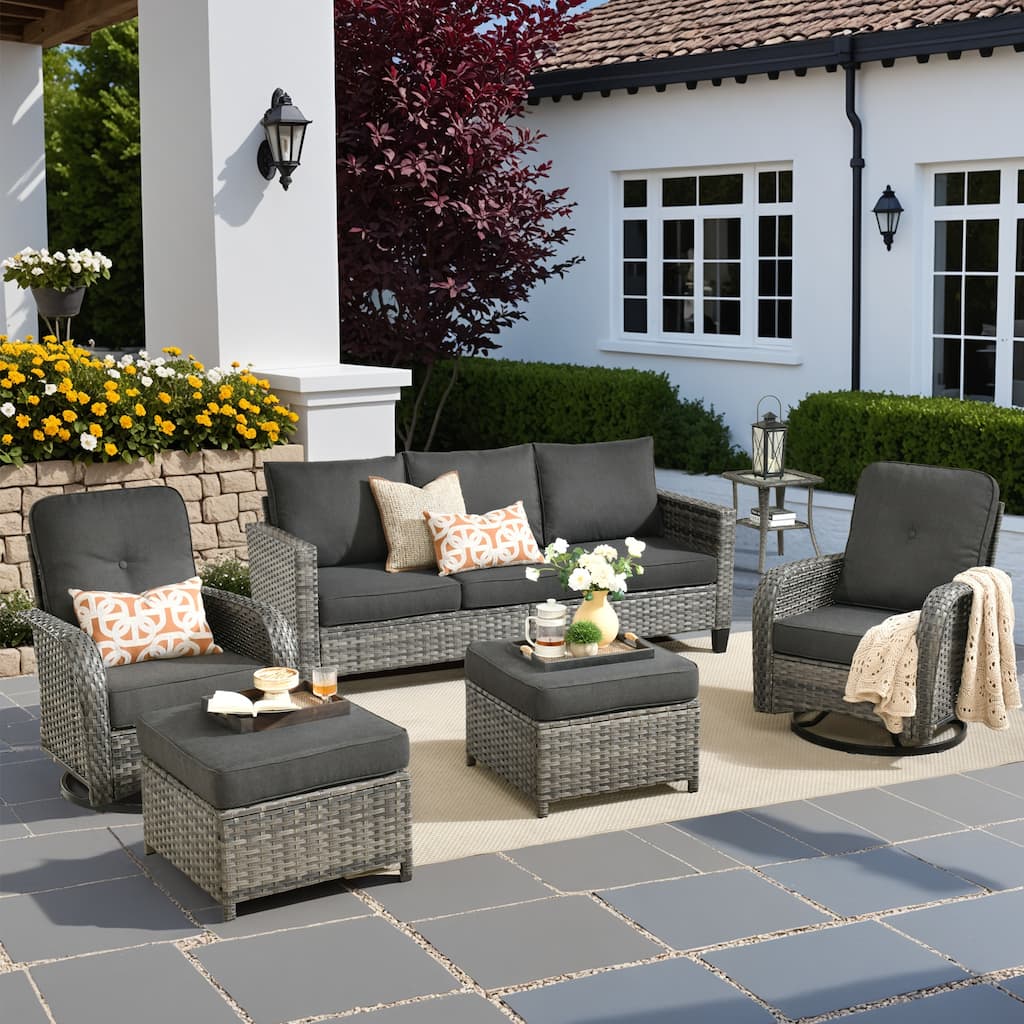 HOOOWOOO 6-piece Grey Wicker Outdoor Swivel Rocking Chair Set for Patio