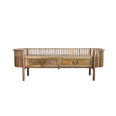 Mango Wood Slatted Bench with 2 Drawers and Metal Pulls, Natural and Brass - 71.0"L x 18.0"W x 23.0"H