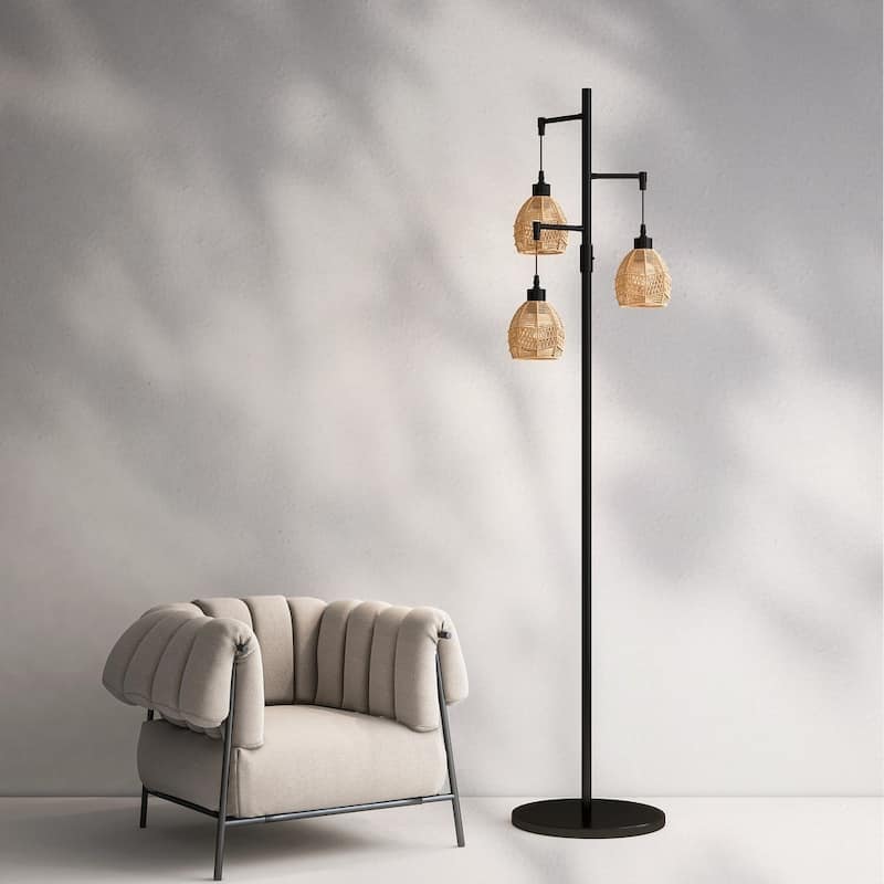 3-Lights Boho Floor Lamp with Rattan Shades