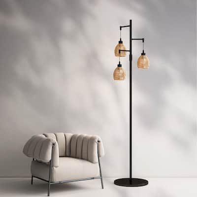 3-Lights Boho Floor Lamp with Rattan Shades