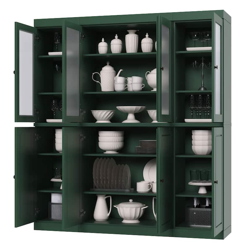 100% Solid Wood 65" Pantry China Cabinet with Solid, Frosted Glass Doors and Adjustable Shelves