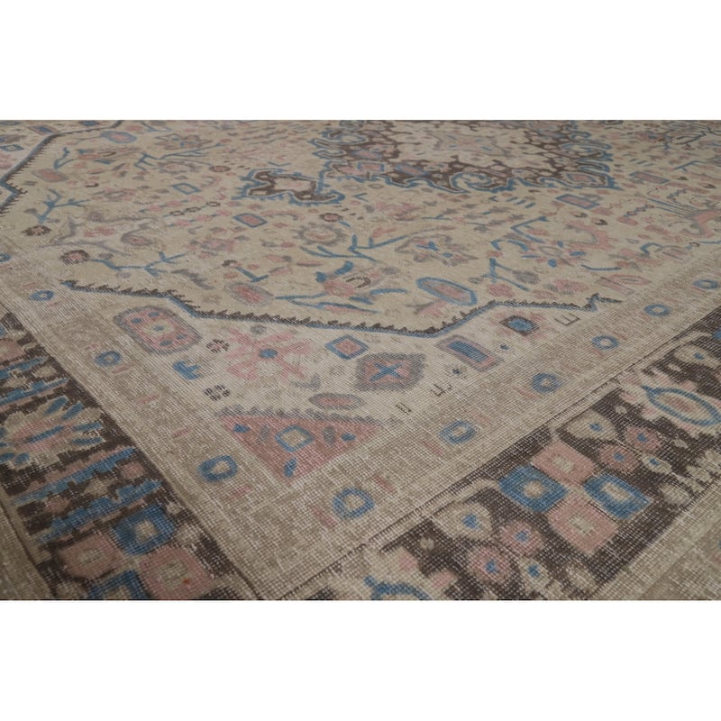 Geometric Beige Tabriz Persian Rug Hand-Knotted Wool Carpet - 8'1"x 10'8"