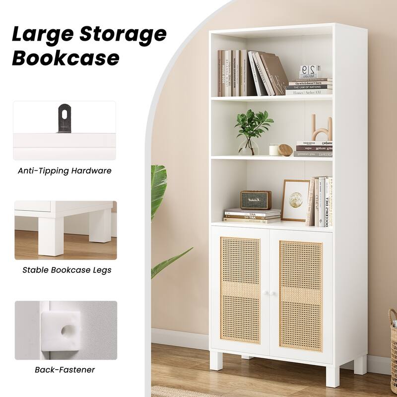 Tall Bookcase with Rattan Doors,5 Tier Storage Wood Shelves Large Bookshelf for Library Living Room Bedroom Home Office