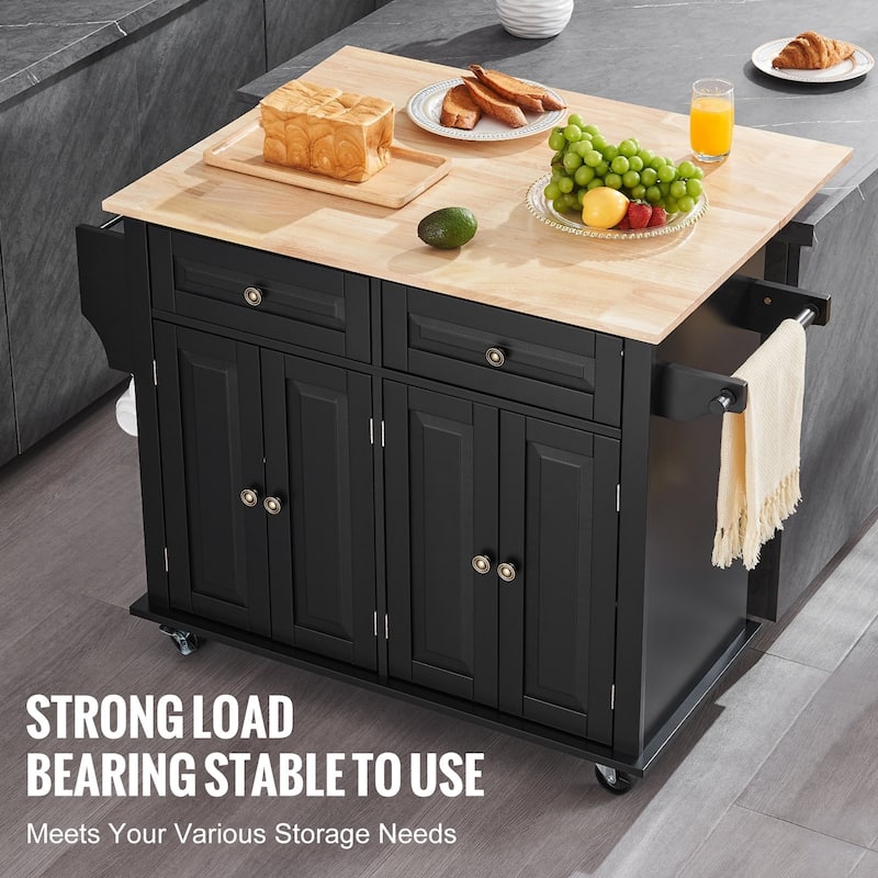 Black Kitchen Island Cart Rolling Storage Cabinet on Wheel with 2 Drawer and 2 Adjustable Shelves - 43x28x32 inch