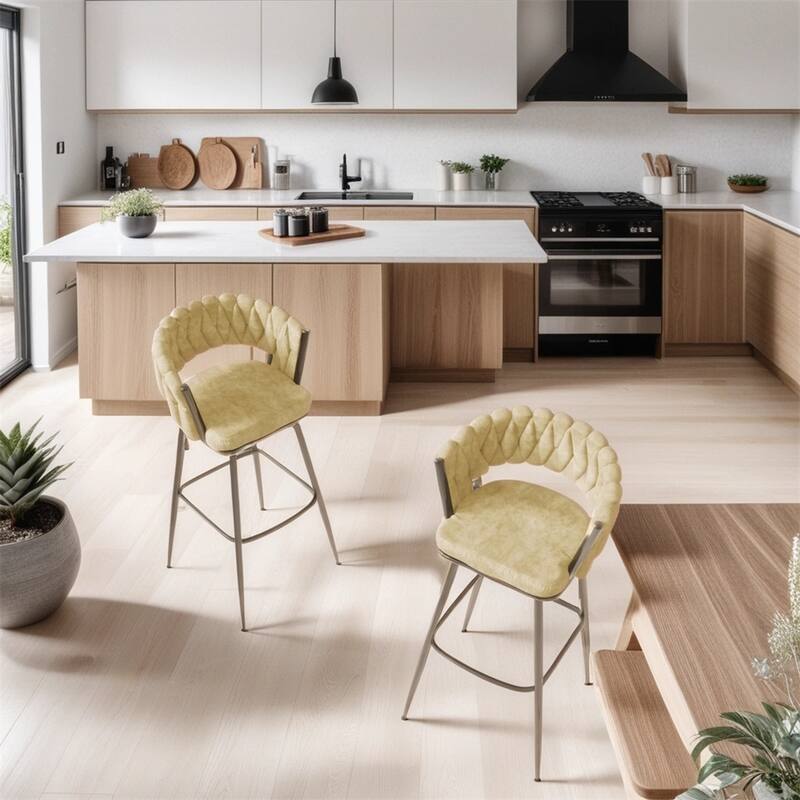 Swivel Upholstered Bar Stools with Back Footrest (Set of 2) - N/A