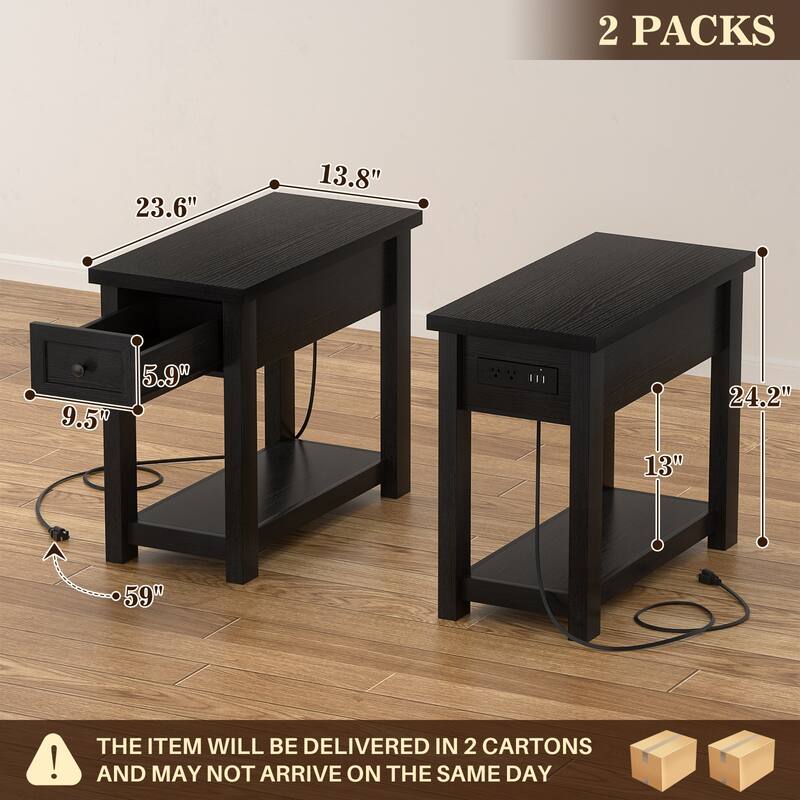 Farmhouse End Table with Wood Drawers and Charging Station, Sofa Side Table, Nightstand