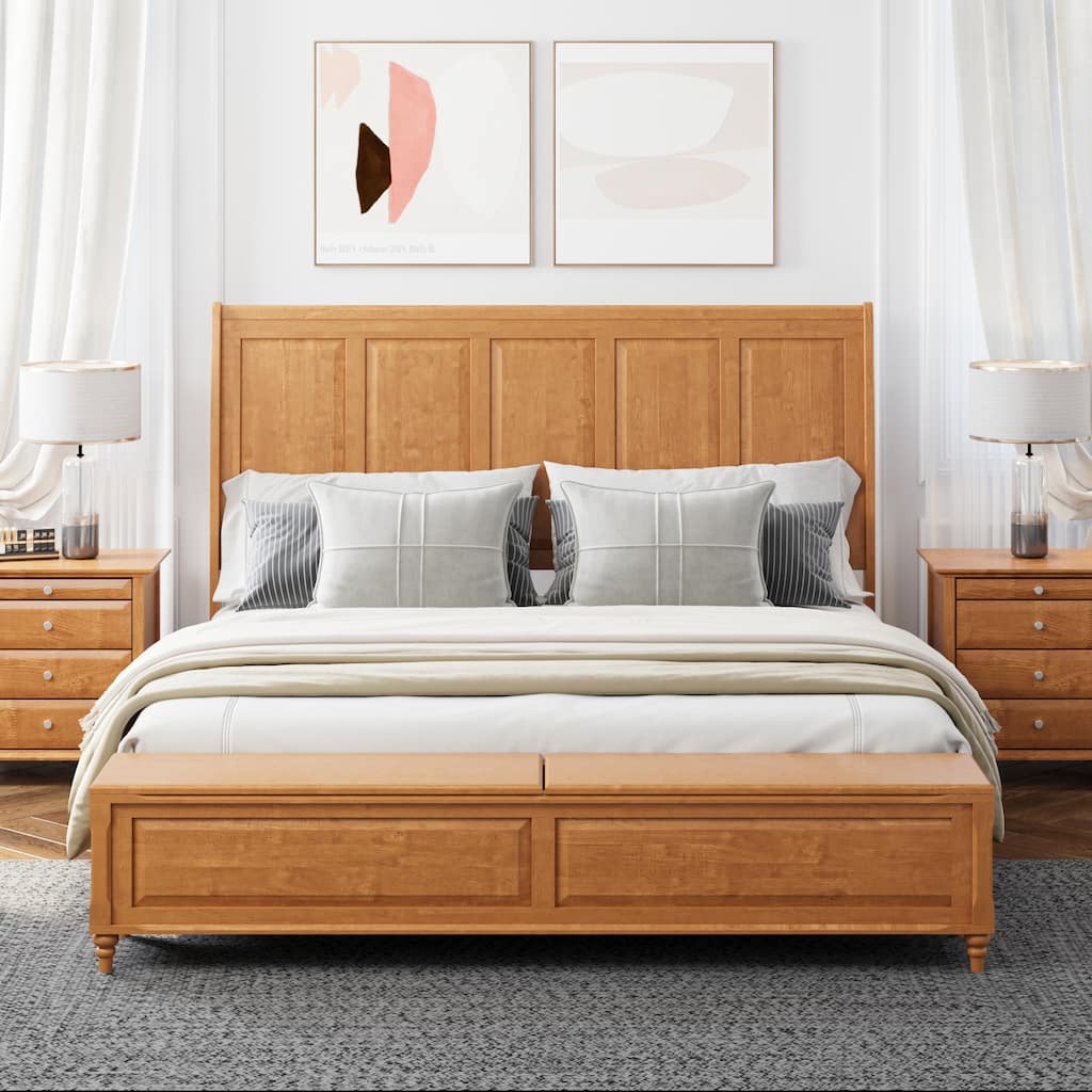 GDFStudio - Traditional Solid Wood Sleigh Bed Frame with High Paneled Headboard & Storage Chest Bench, No Box Spring Needed