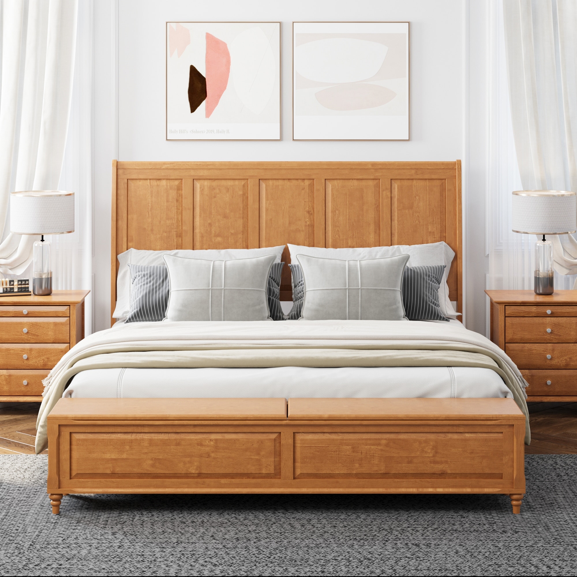 GDFStudio - Traditional Solid Wood Sleigh Bed Frame with High Paneled Headboard & Storage Chest Bench, No Box Spring Needed