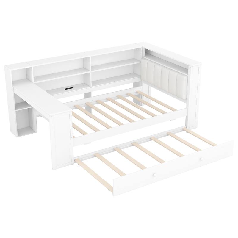 Wood Daybed with Desk, LED Upholstered Headboard, Storage Shelves Built-in Charging Station, Optional Drawers or Trundle