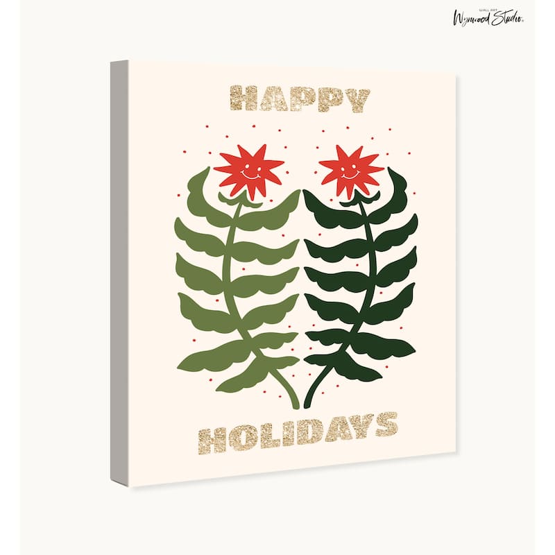 Wynwood Studio Canvas Holiday and Seasonal Happy Glitter Leaning Trees Gold Modern & Contemporary Wall Art Canvas Print