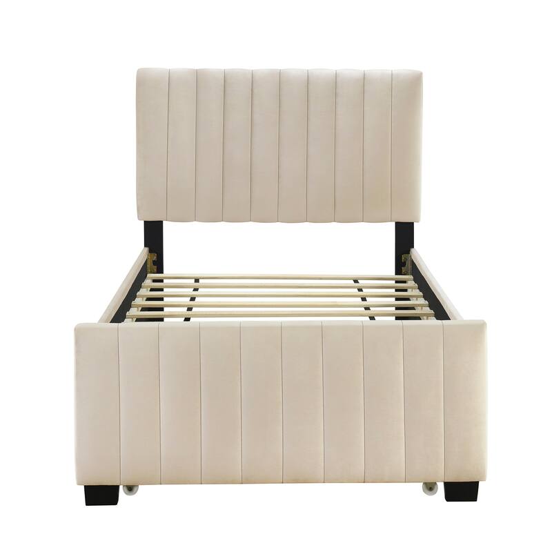 Twin Size Velvet Upholstered Platform Bed with Trundle, Beige