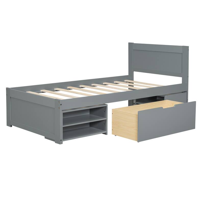 Antique Gray Twin Size Modern Bed with Drawer and Storage Shelves