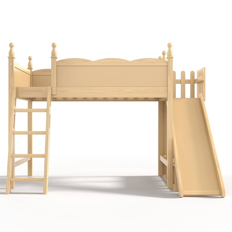 Twin Loft Bed with Storage Shelves and Wardrobe, Solid Wood Loft Beds with Detachable Slide and Ladders, No Spring Box Needed