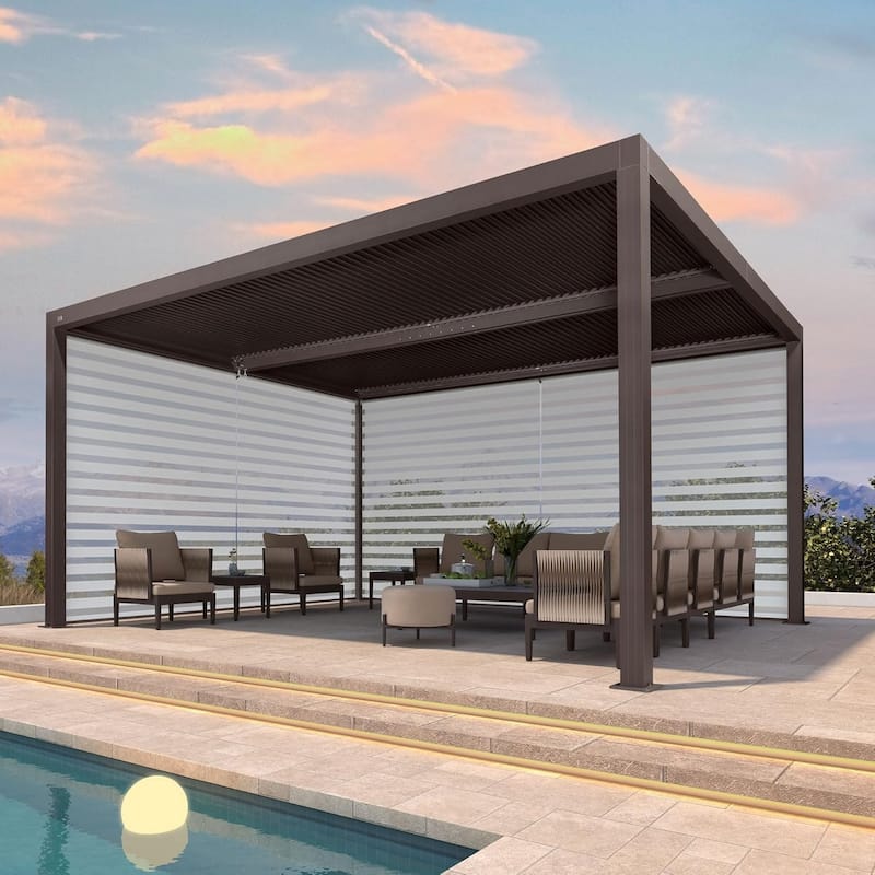 PURPLE LEAF Bronze Louvered Pergola with Adjustable Roof for Deck Backyard Garden Hardtop Gazebo