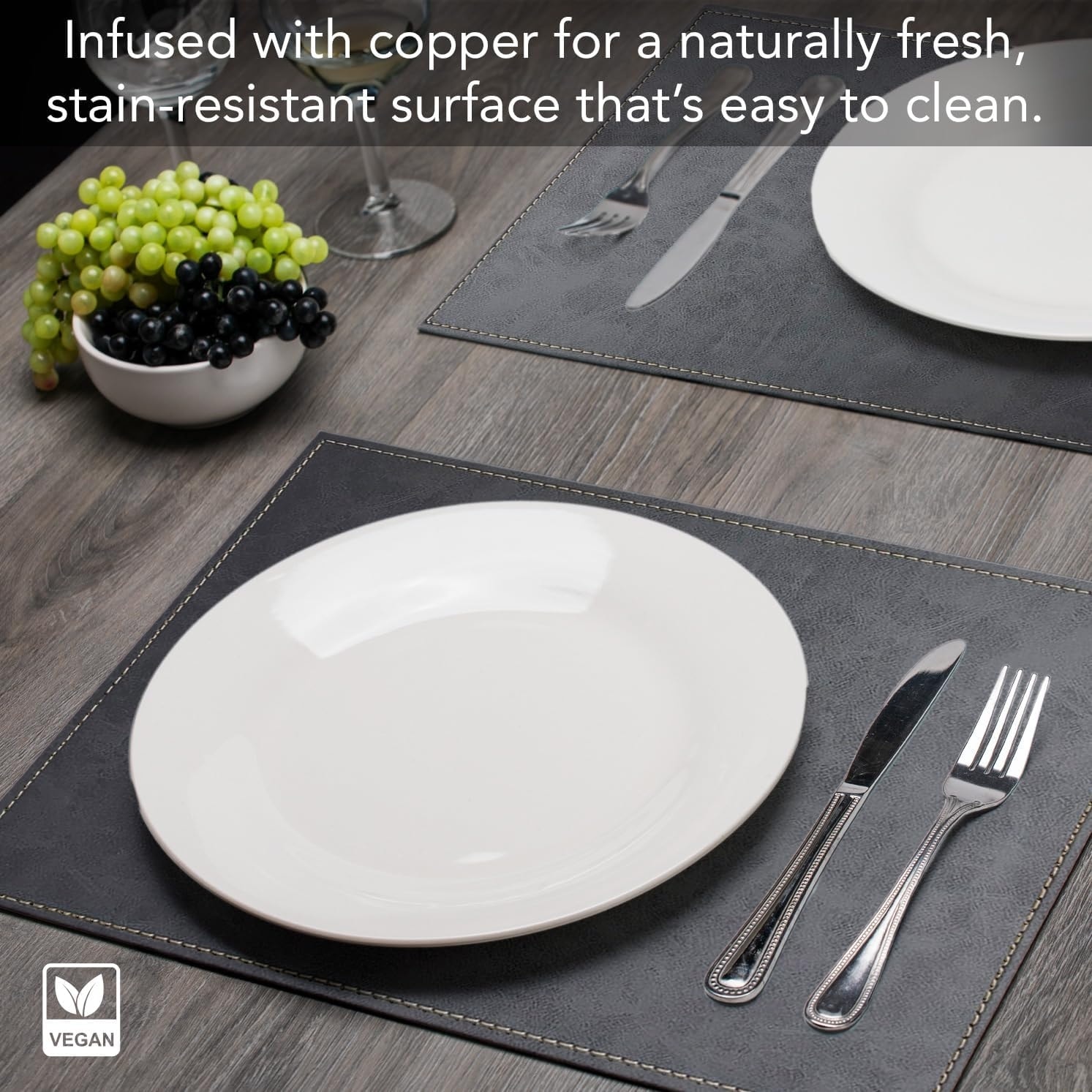 Gray Luxurious Vegan Faux Leather Placemats 4 Pack Look and Feel
