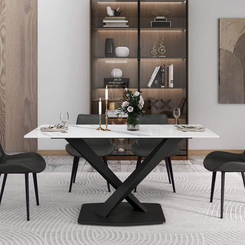 63" Dining Table for 6 with Sintered Stone Tabletop and with X-Shape Carbon Steel Pedestal
