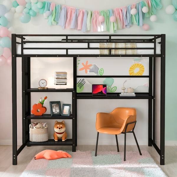slide 2 of 13, Full Size Loft Bed with Desk and Whiteboard, Metal Loft Bed with 3 Shelves and Ladder,White-Painted Steel Frame,Black Black