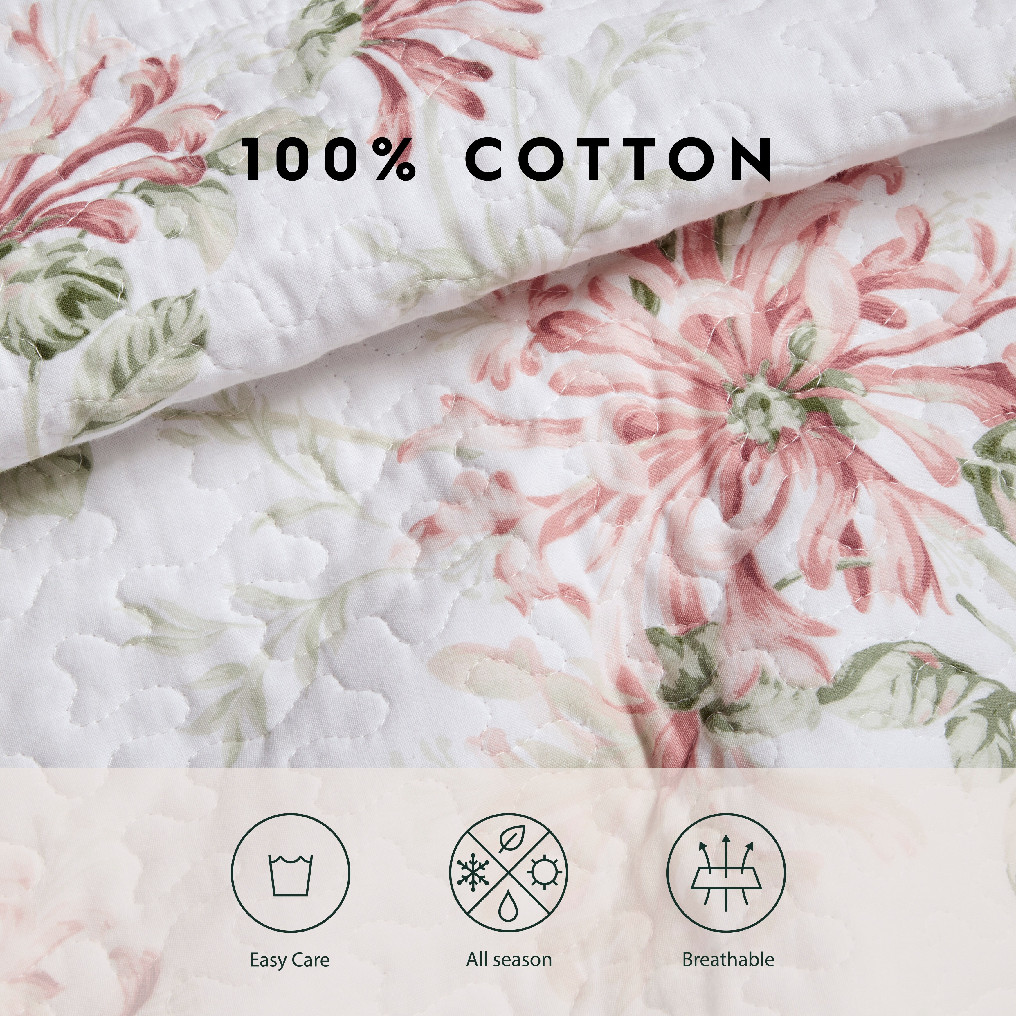 Laura Ashley Honeysuckle Cotton Reversible Pink Quilt Set - On