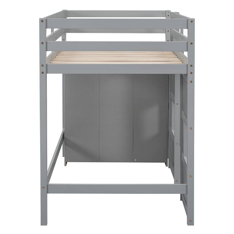 Roomfitters Twin Loft Bed with Built-in Storage Wardrobe, Two Windows and Elevated Sleeping Area