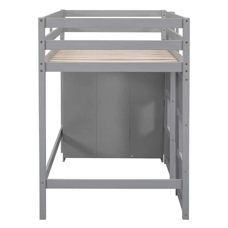 Wood Twin Size Loft Bed with Built-in Storage Wardrobe and 2 Windows w/Full-Length Guardrails, No Boxing Spring Needed