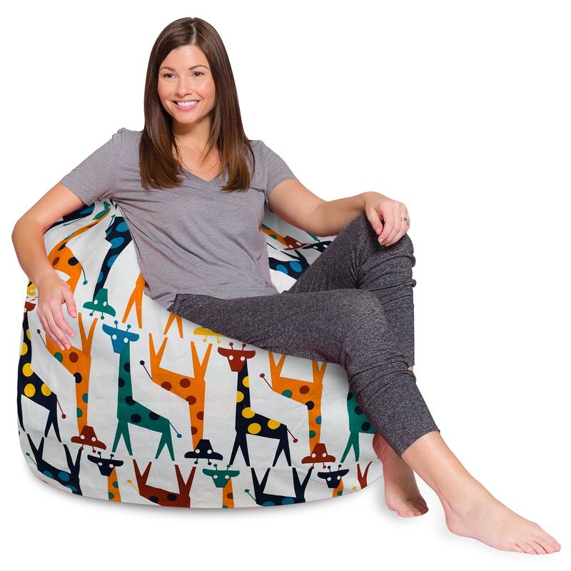 Kids Bean Bag Chair, Big Comfy Chair - Machine Washable Cover - 48 Inches Extra Large - Canvas Giraffes on White