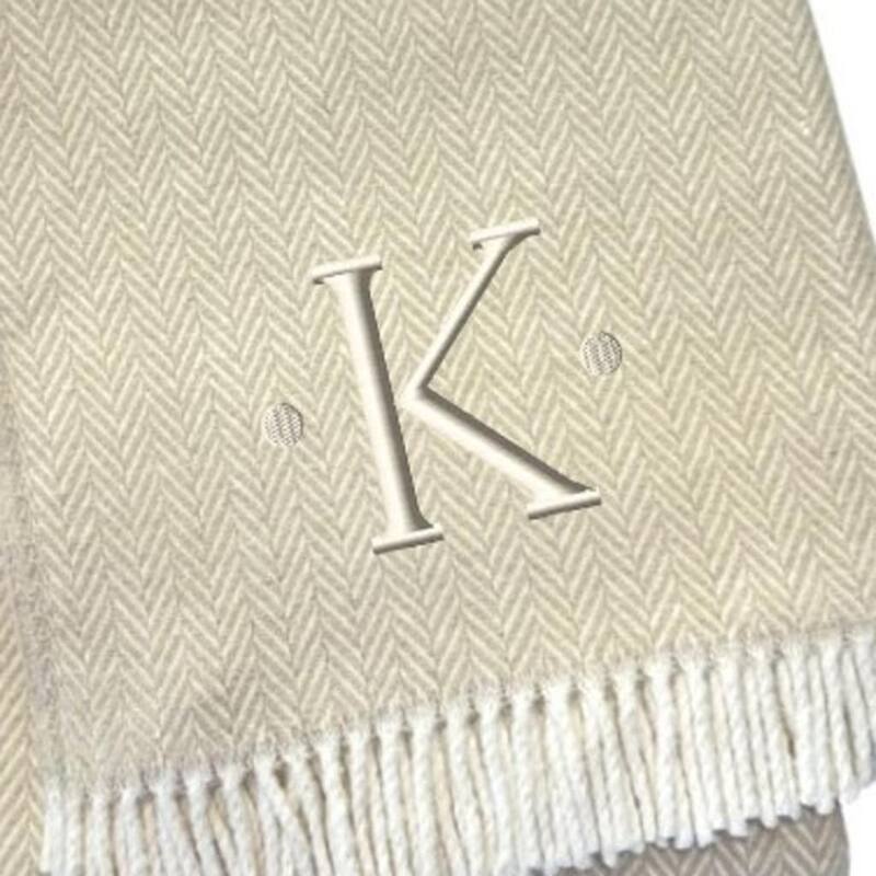 HomeRoots 55" X 70" Linen And White Herringbone Cotton Blend K Initial Throw Blanket with Tassels And Embroidery