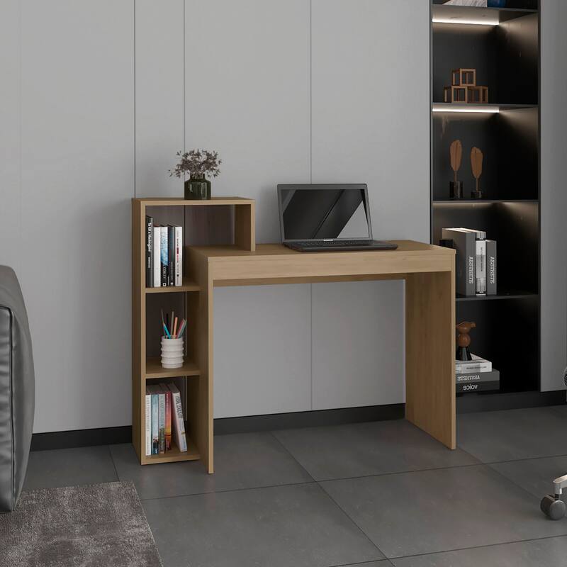 Compact 43" Computer Desk with 4 Shelves for Office Storage - Modern Design for Small Spaces and Organizing - Oak